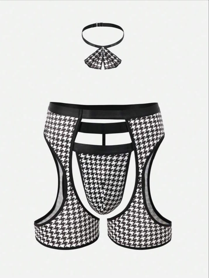 Men's Sexy Lingerie, Milk Silk Printed Houndstooth Patchwork Underwear